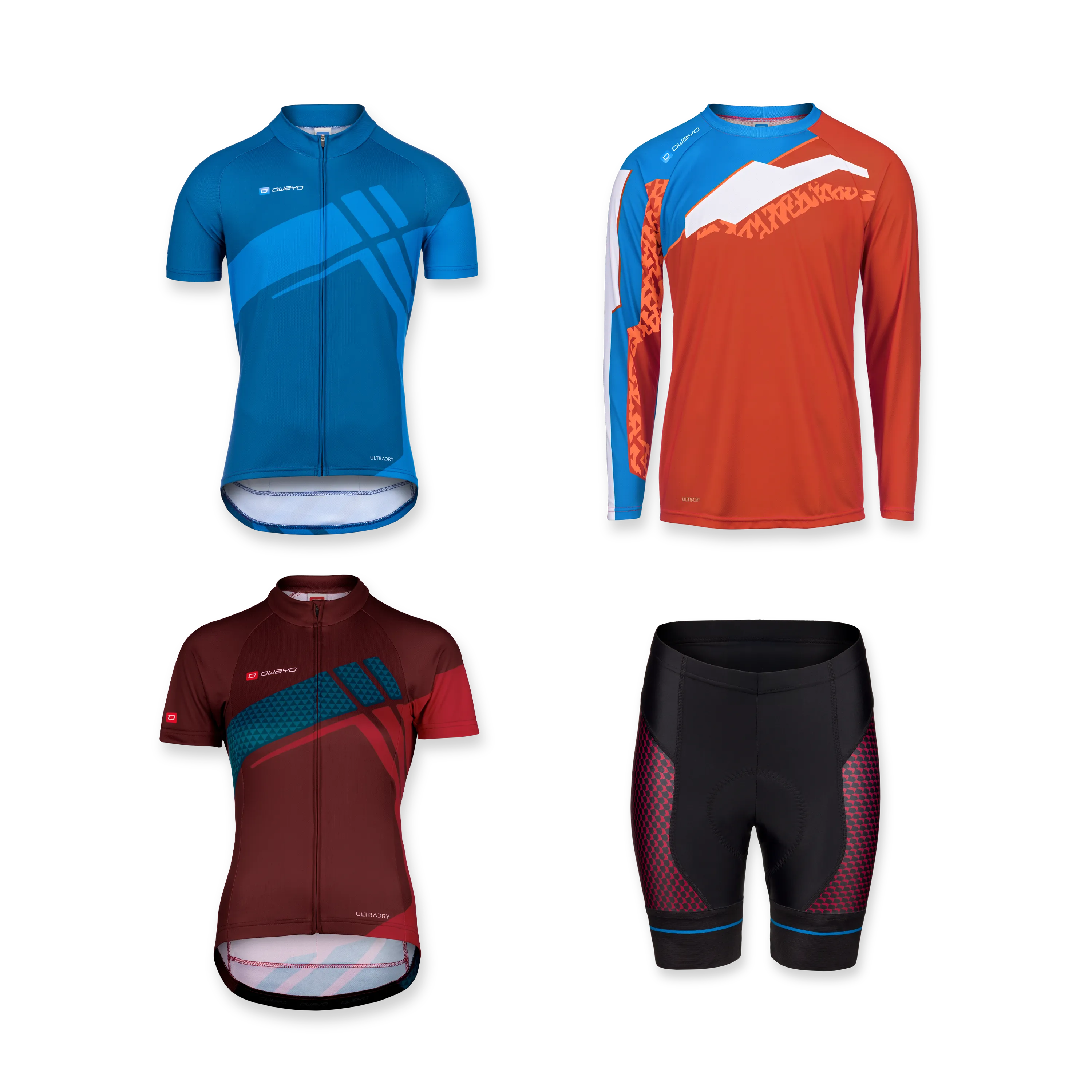 Alle Produkte Vier verschiedene Sportbekleidungsstücke, darunter ein blaues Kurzarmtrikot, ein rotes Langarmtrikot, ein burgunderfarbenes Kurzarmtrikot und eine schwarze Radhose.